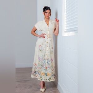 Watercolor Florals Embroidered Button Front Maxi Dress - A. Peach